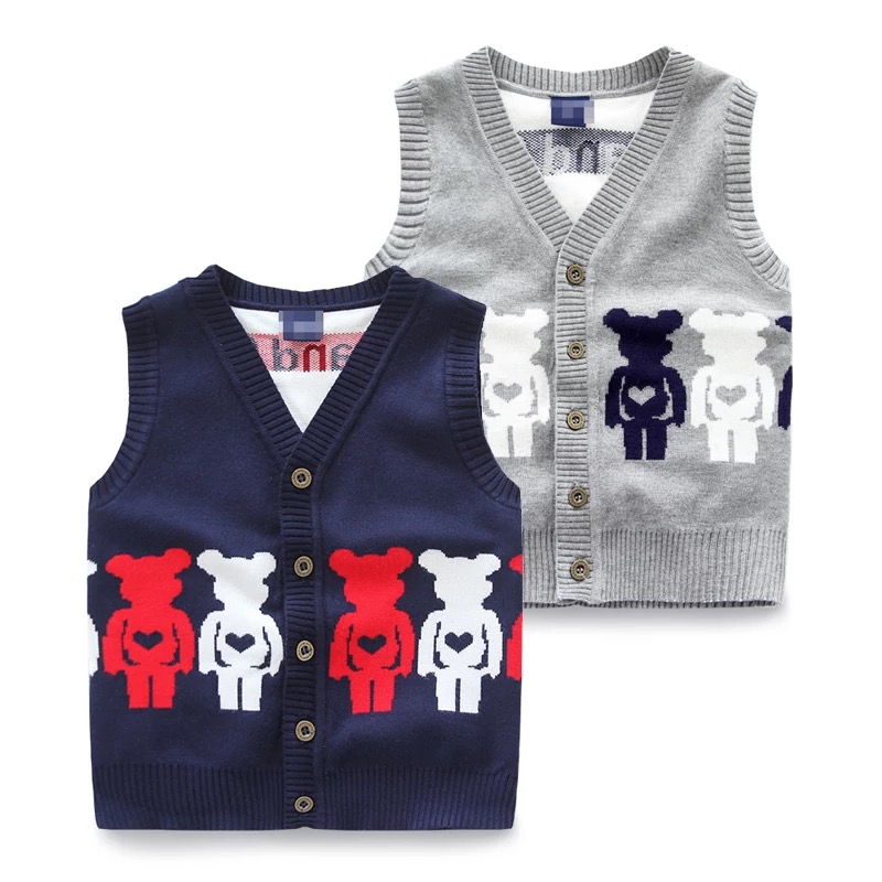 Top quality cartoon jacquard sweater kids sleeveless vest front-opening with button navy and grey boy sweaters