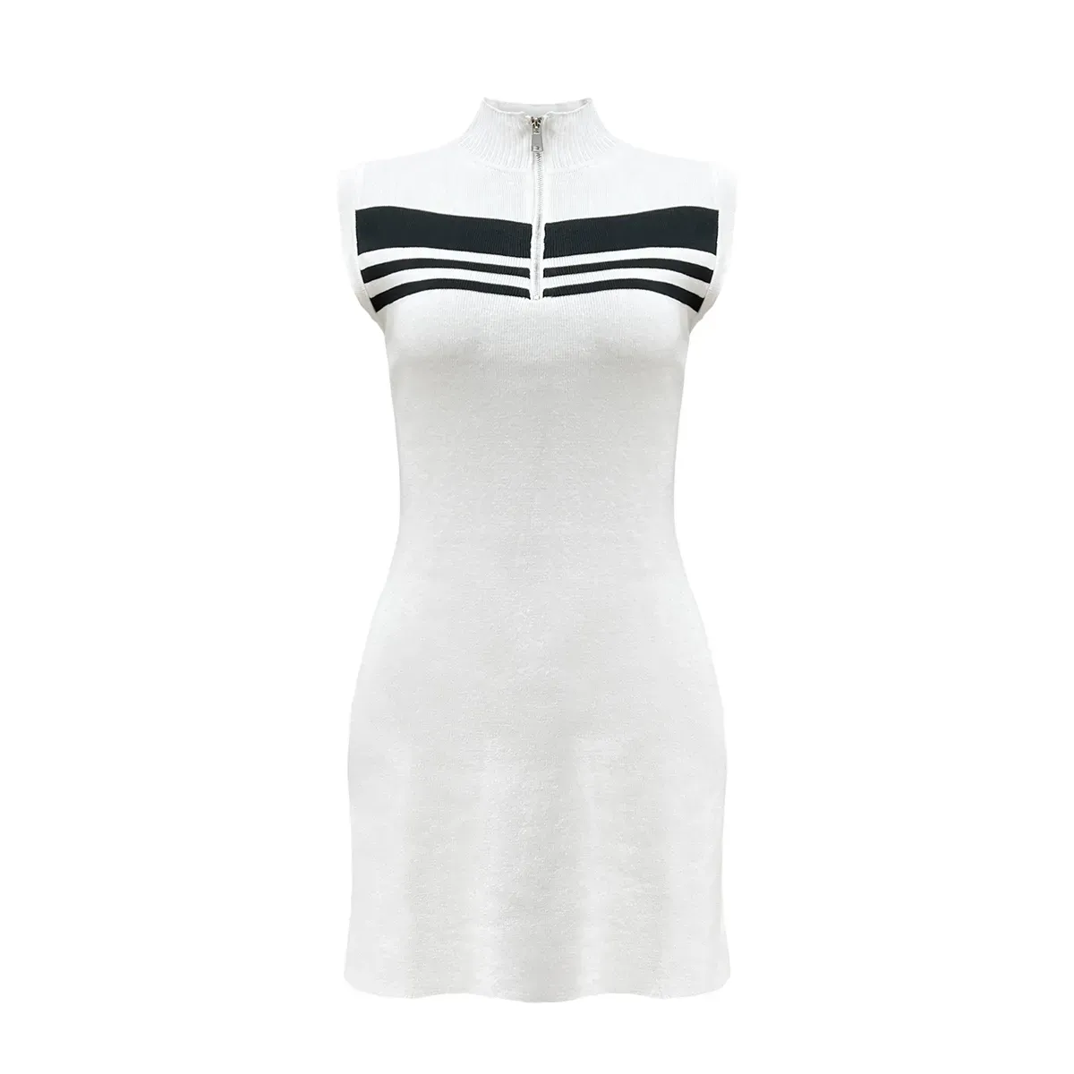 Chic Striped Quarter-Zip Sleeveless Slim Fit Knit Dress White