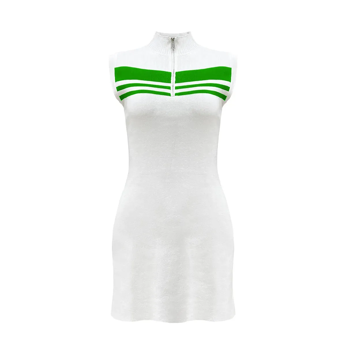 Chic Striped Quarter-Zip Sleeveless Slim Fit Knit Dress Green