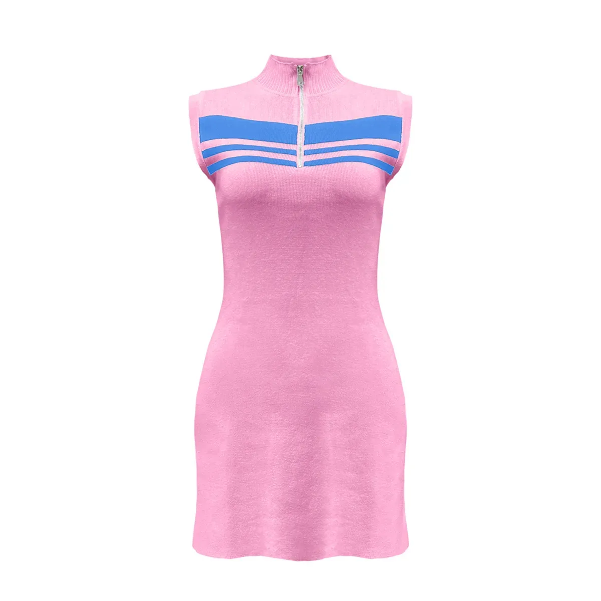Chic Striped Quarter-Zip Sleeveless Slim Fit Knit Dress Pink