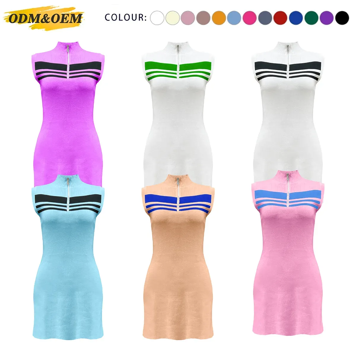 Chic Striped Quarter-Zip Sleeveless Slim Fit Knit Dress All ColorsWhite