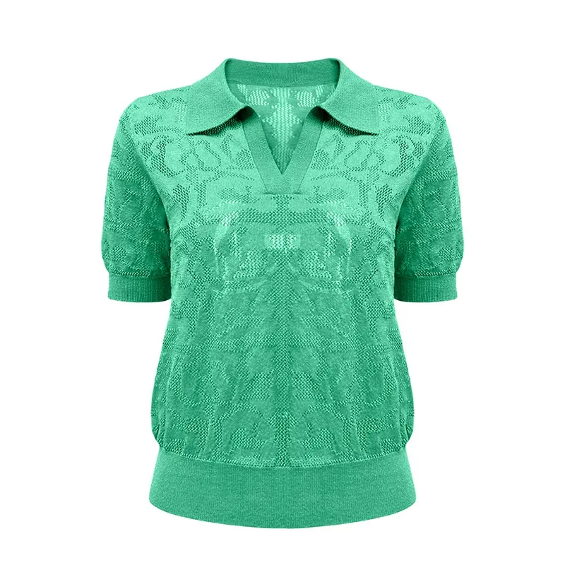 Vintage Pointelle Short Sleeve Knit Polo Green