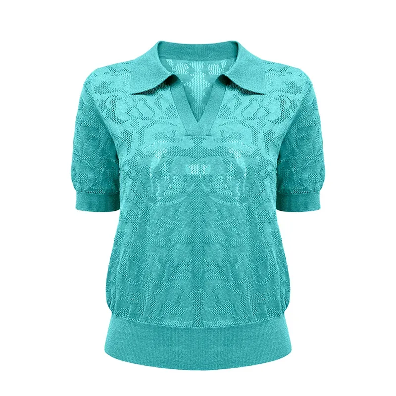 Vintage Pointelle Short Sleeve Knit Polo Cyan