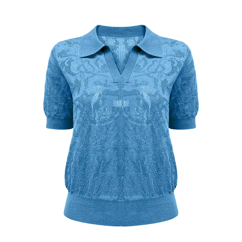 Vintage Pointelle Short Sleeve Knit Polo Blue