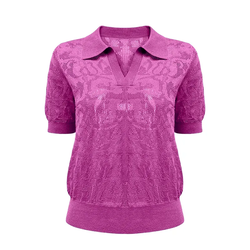 Vintage Pointelle Short Sleeve Knit Polo Pink