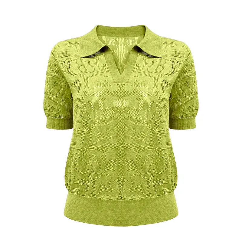 Vintage Pointelle Short Sleeve Knit Polo Yellow