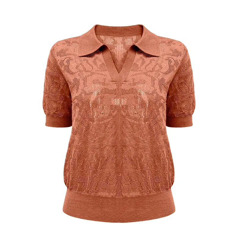 Vintage Pointelle Short Sleeve Knit Polo Orange