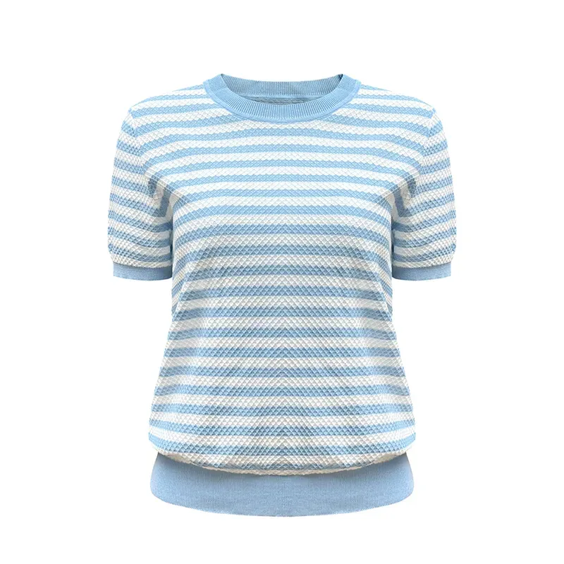Vintage Striped Waffle 12GG Honeycomb Texture Knit Polo Blue