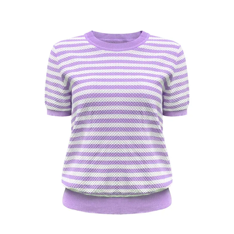 Vintage Striped Waffle 12GG Honeycomb Texture Knit Polo Purple