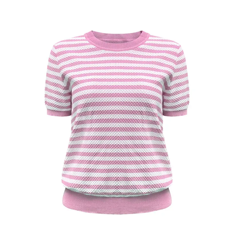 Vintage Striped Waffle 12GG Honeycomb Texture Knit Polo Pink