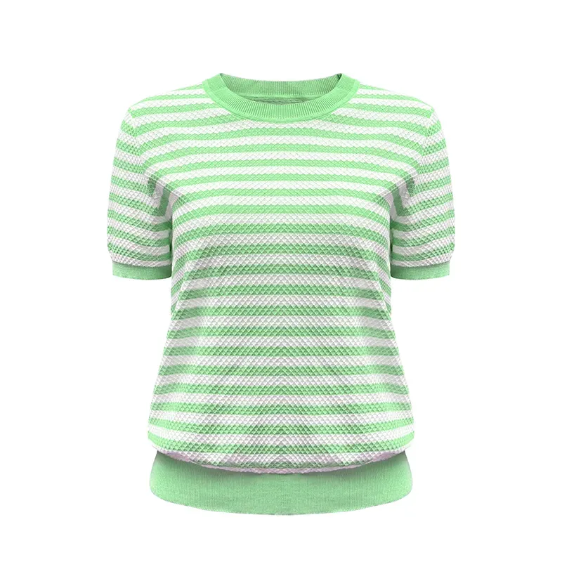 Vintage Striped Waffle 12GG Honeycomb Texture Knit Polo Light Green