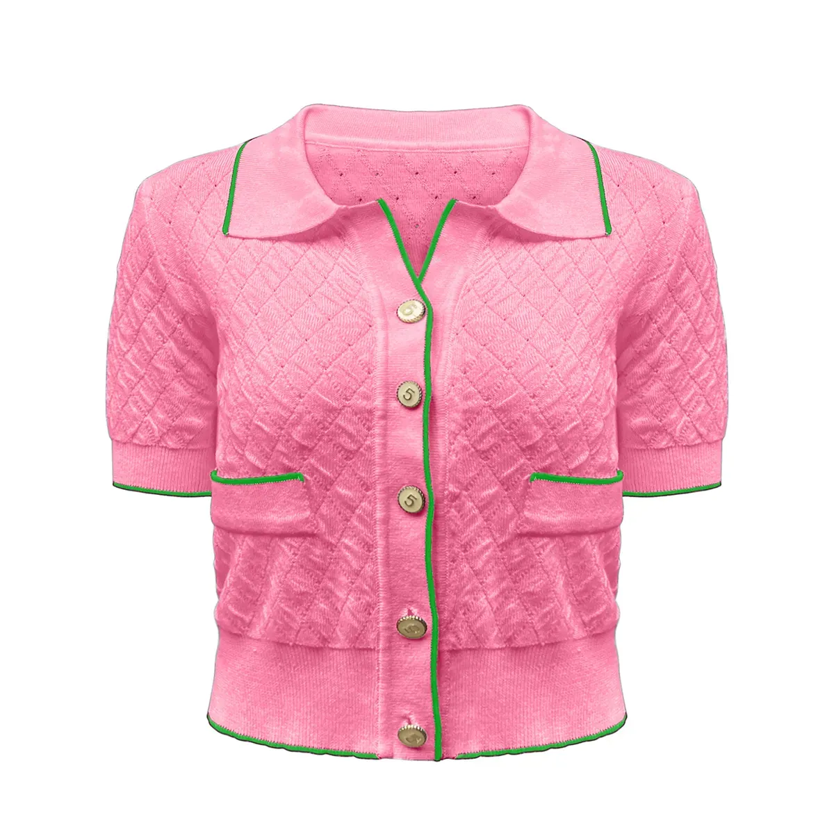 Vintage Quilted Contrast Tipping 12GG Knit Polo Cardigan Pink