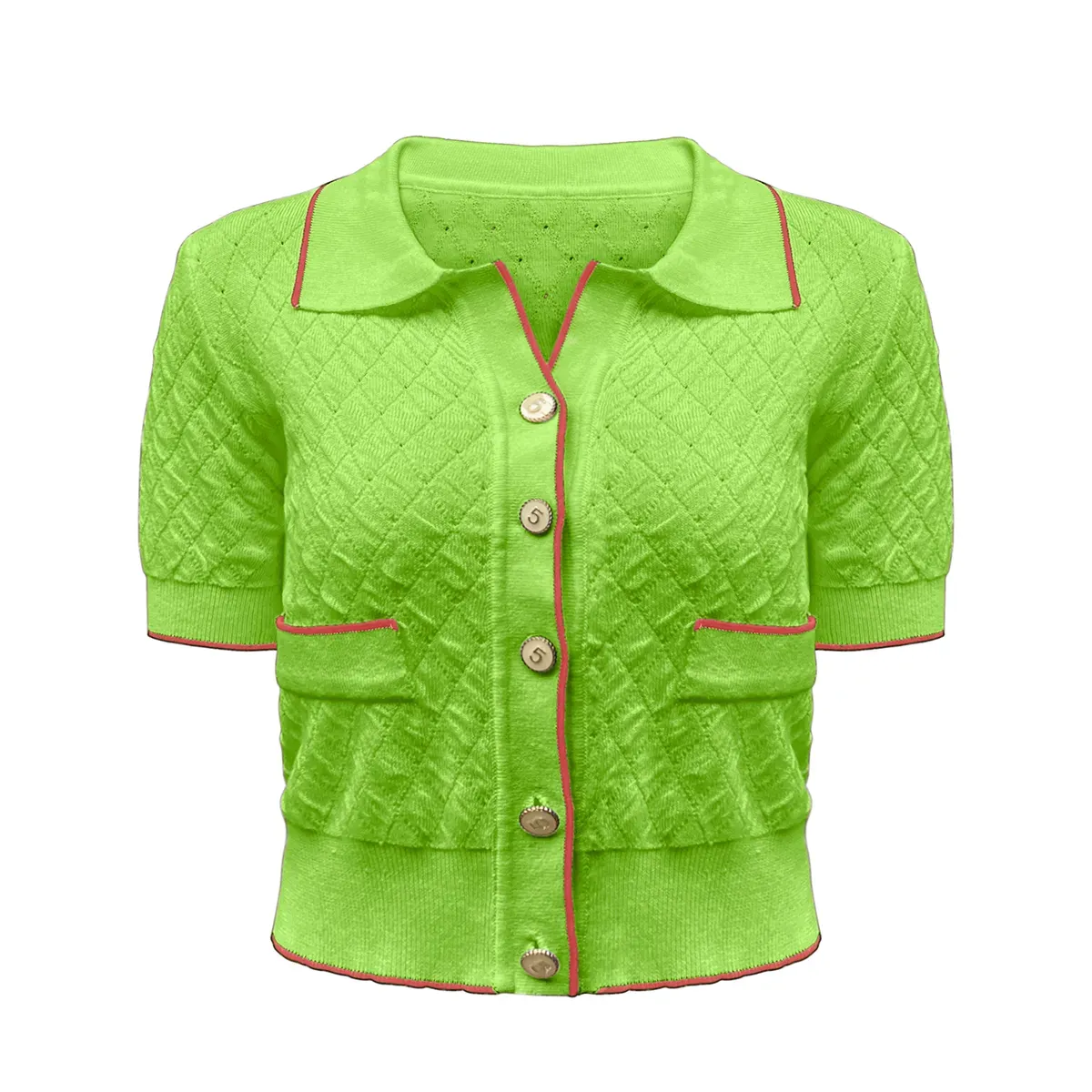 Vintage Quilted Contrast Tipping 12GG Knit Polo Cardigan Green