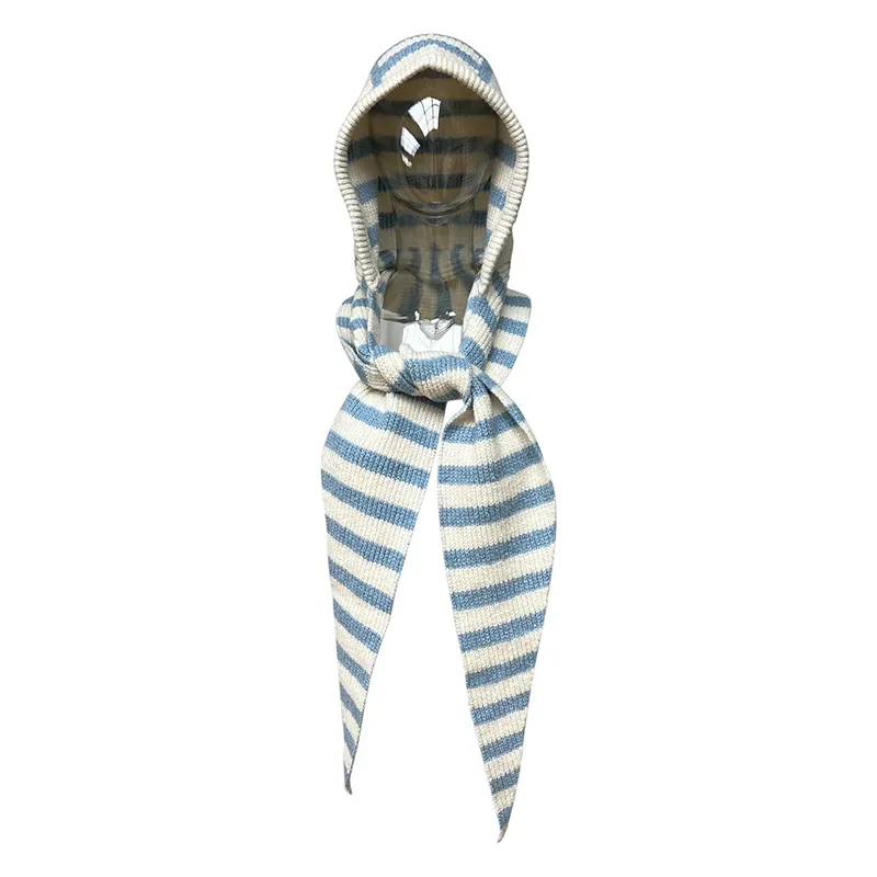 Striped Jacquard 12GG Knit Hooded Scarf Beanie Balaclava Blue