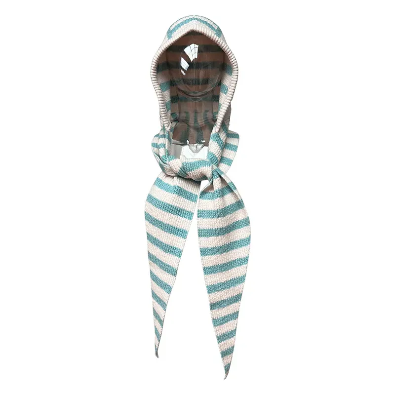 Striped Jacquard 12GG Knit Hooded Scarf Beanie Balaclava Cyan
