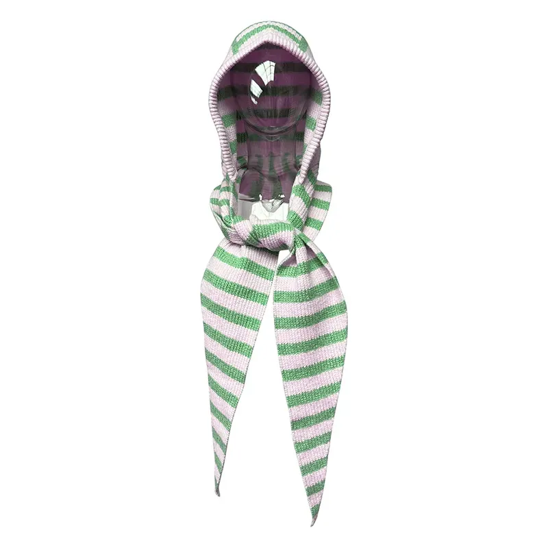 Striped Jacquard 12GG Knit Hooded Scarf Beanie Balaclava Green