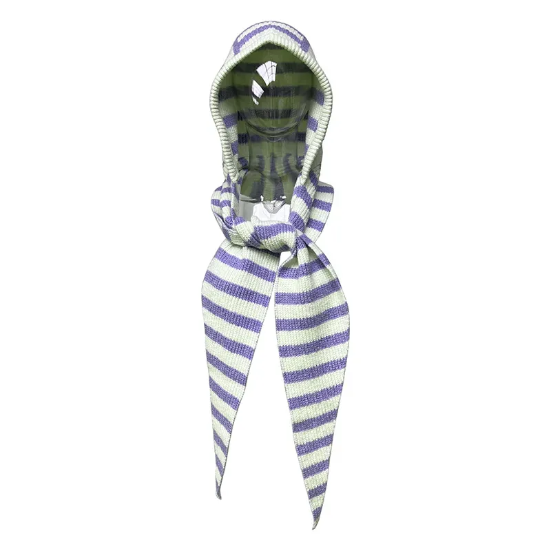 Striped Jacquard 12GG Knit Hooded Scarf Beanie Balaclava Purple