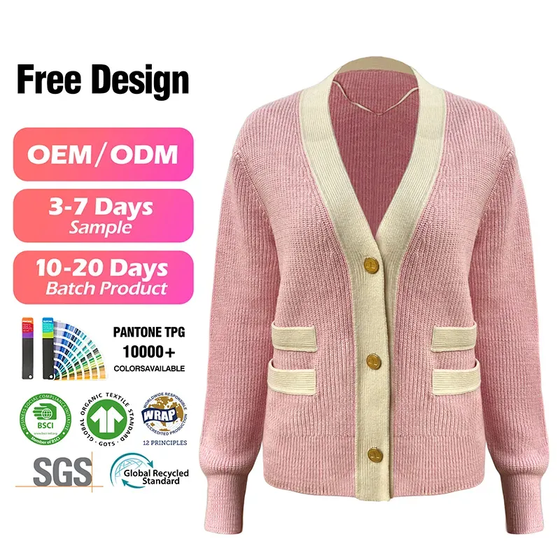 Luxurious Contrast Ribbed Cardigan: GRS Cashmere Blend Pink
