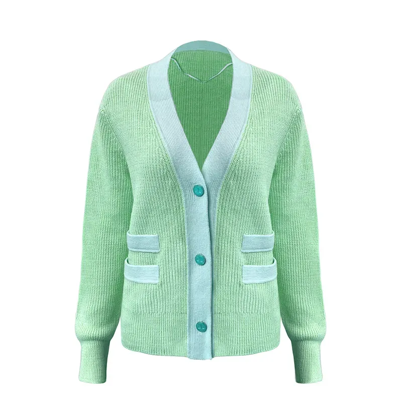 Luxurious Contrast Ribbed Cardigan: GRS Cashmere Blend Green