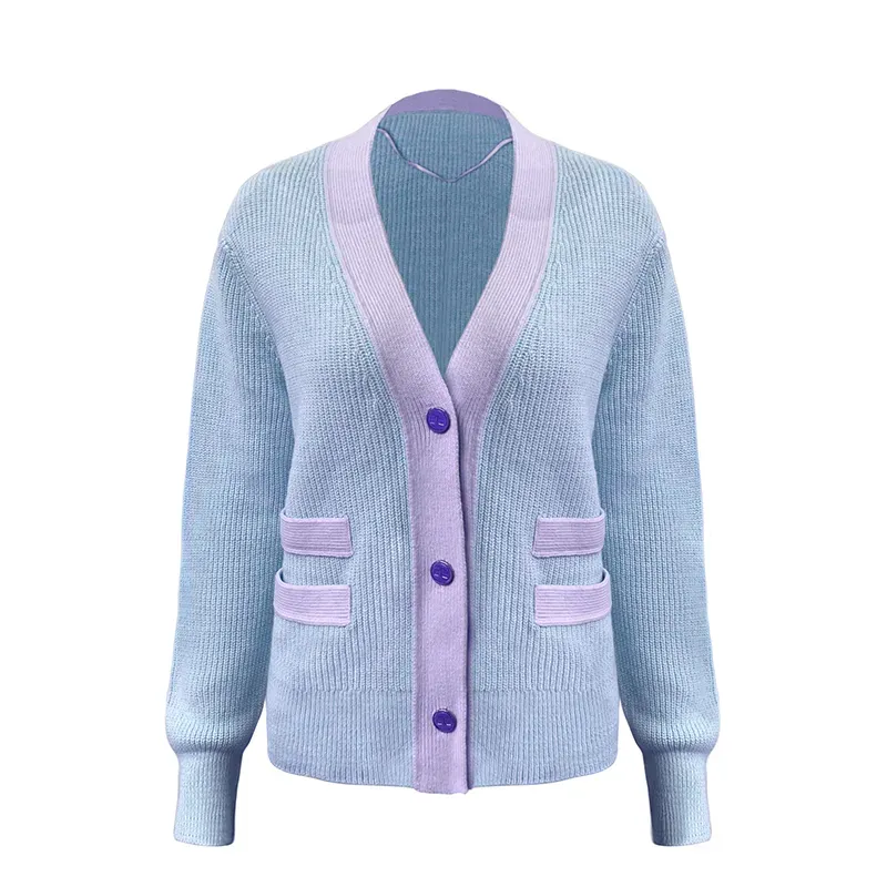 Luxurious Contrast Ribbed Cardigan: GRS Cashmere Blend Blue