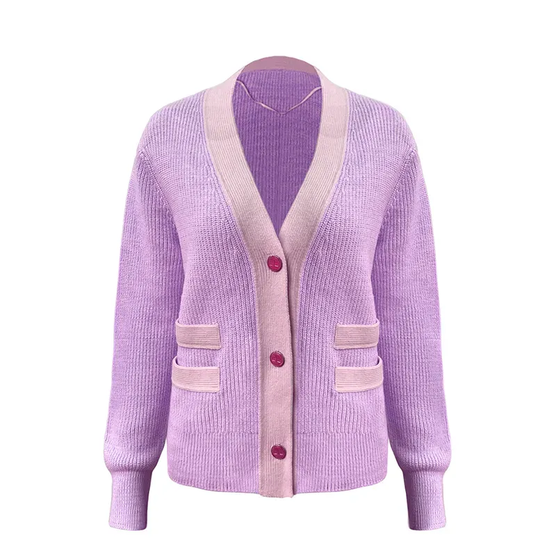 Luxurious Contrast Ribbed Cardigan: GRS Cashmere Blend Purple