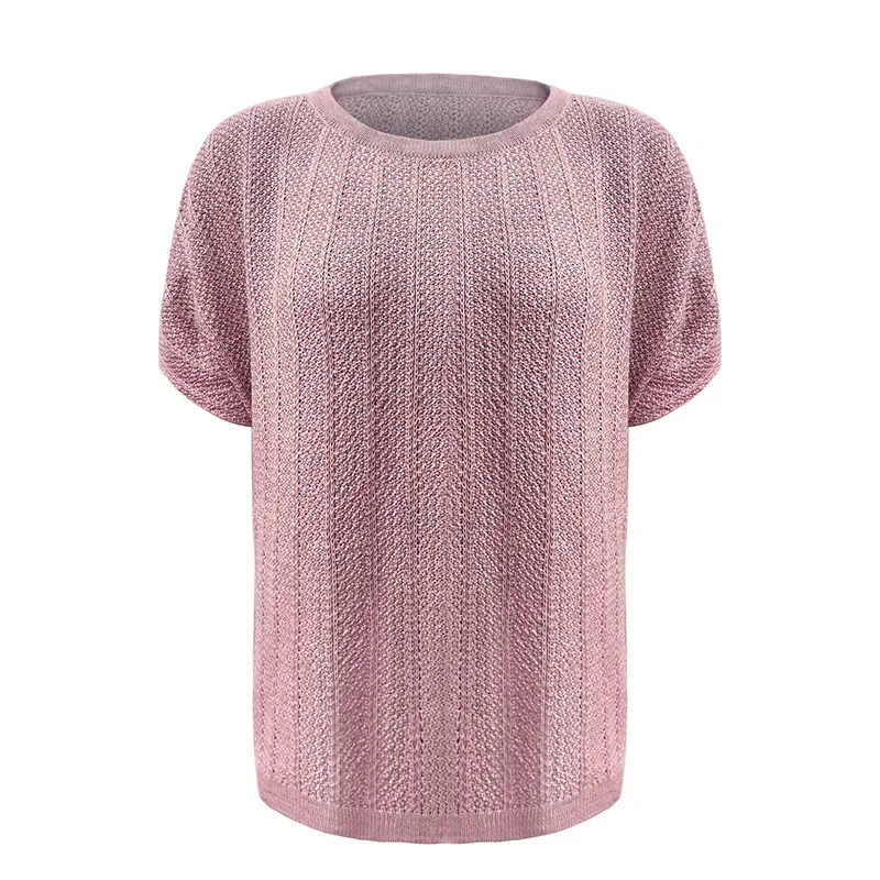 Textured Pointelle Knit Top: GRS Recycled Cotton Tee Pink