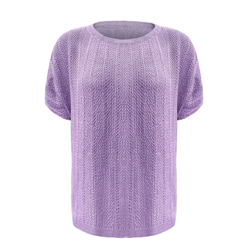 Textured Pointelle Knit Top: GRS Recycled Cotton Tee Purple