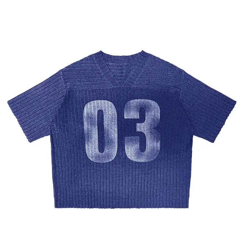 Custom Varsity V-Neck Short Sleeve Ribbed Knit Sweater Blue