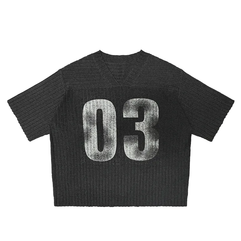 Custom Varsity V-Neck Short Sleeve Ribbed Knit Sweater Black