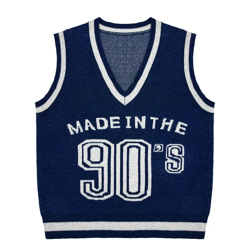Custom 90s Retro V-Neck Knit Vest: Intarsia Varsity Pullover Blue