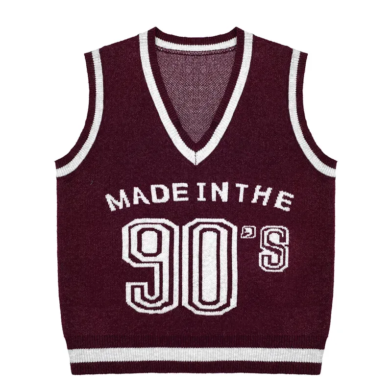 Custom 90s Retro V-Neck Knit Vest: Intarsia Varsity Pullover Red