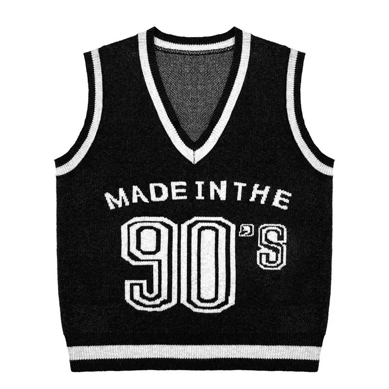 Custom 90s Retro V-Neck Knit Vest: Intarsia Varsity Pullover Black