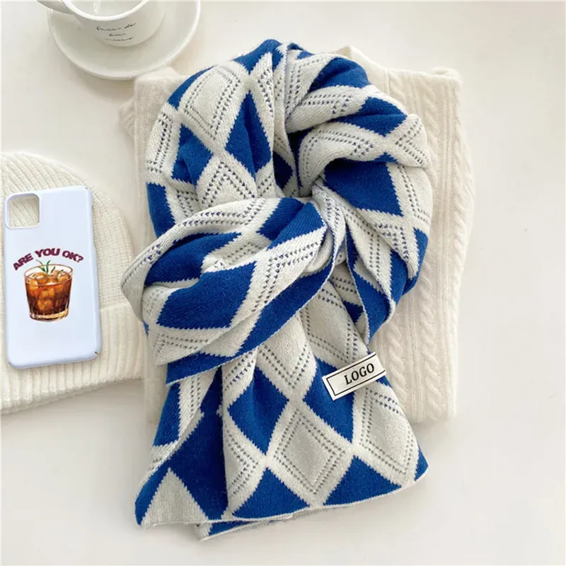 Custom Argyle Jacquard Scarf: Reversible Knit Winter Shawl Blue