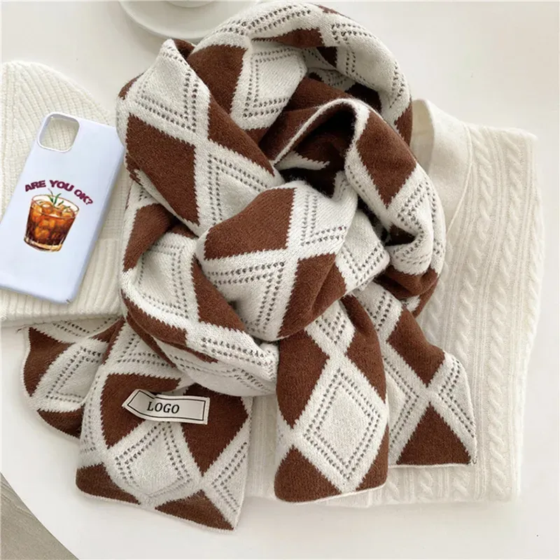 Custom Argyle Jacquard Scarf: Reversible Knit Winter Shawl Brown