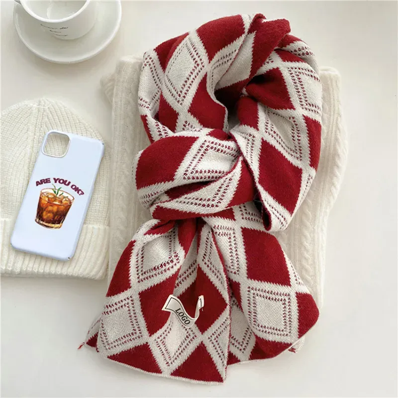 Custom Argyle Jacquard Scarf: Reversible Knit Winter Shawl Red