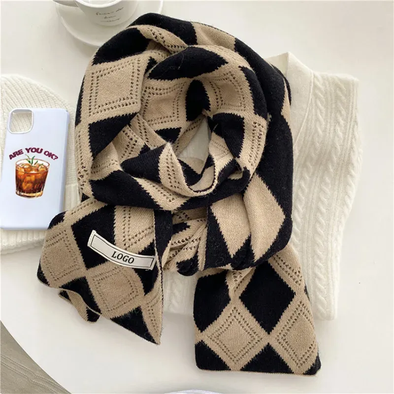 Custom Argyle Jacquard Scarf: Reversible Knit Winter Shawl Dark Brown