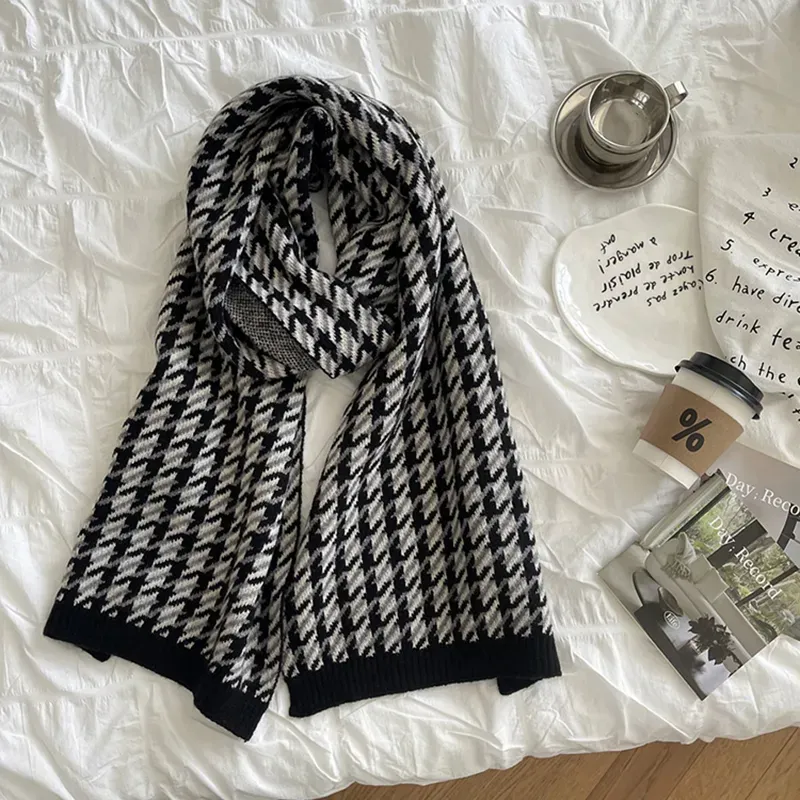 Custom Houndstooth Knit Scarf: OEM Pied-de-Poule Winter Wrap Black