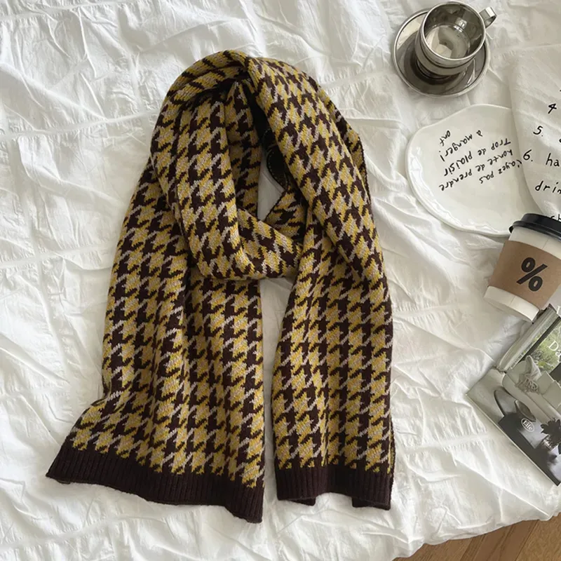 Custom Houndstooth Knit Scarf: OEM Pied-de-Poule Winter Wrap Yellow