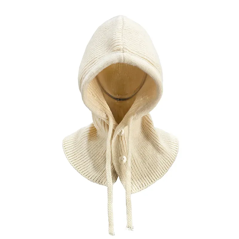 Custom Knit Balaclava Hat: Winter Buttoned Hooded Cap White