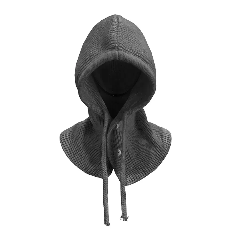 Custom Knit Balaclava Hat: Winter Buttoned Hooded Cap Grey