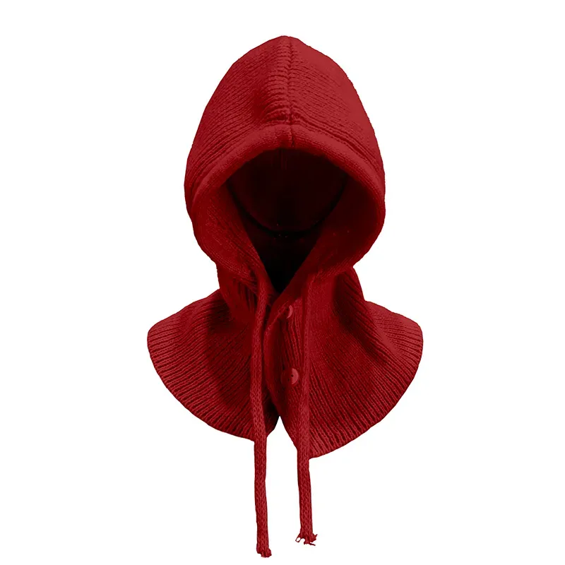 Custom Knit Balaclava Hat: Winter Buttoned Hooded Cap Red