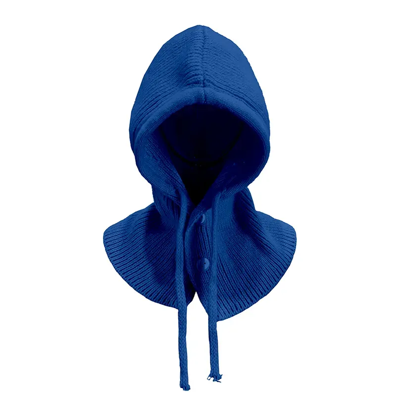Custom Knit Balaclava Hat: Winter Buttoned Hooded Cap Blue