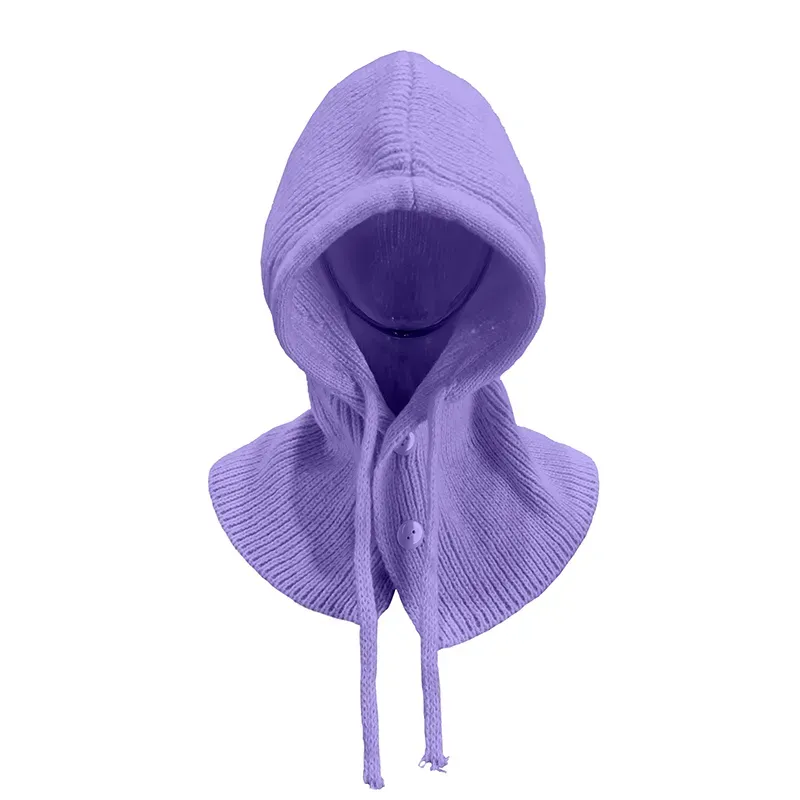 Custom Knit Balaclava Hat: Winter Buttoned Hooded Cap Purple