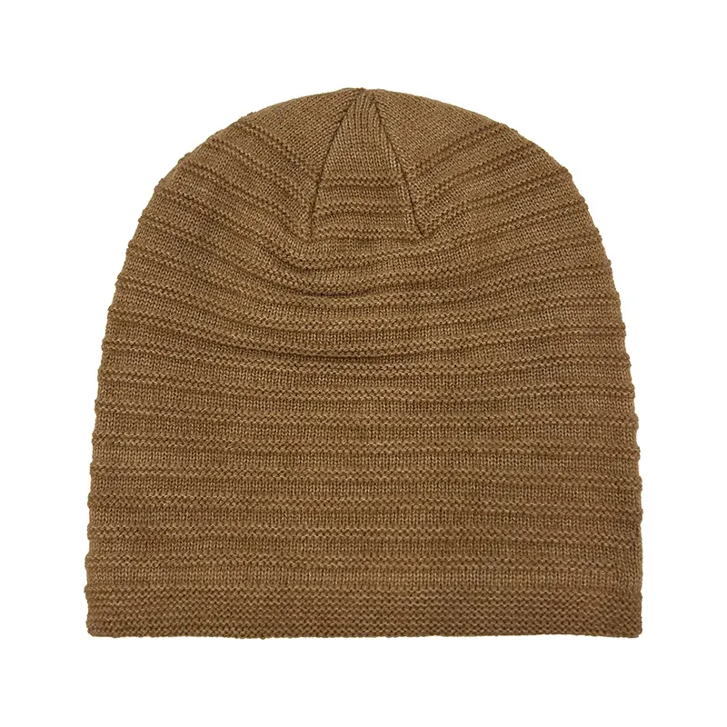 Custom Textured Knit Beanie: Horizontal Ribbed Winter Hat Brown