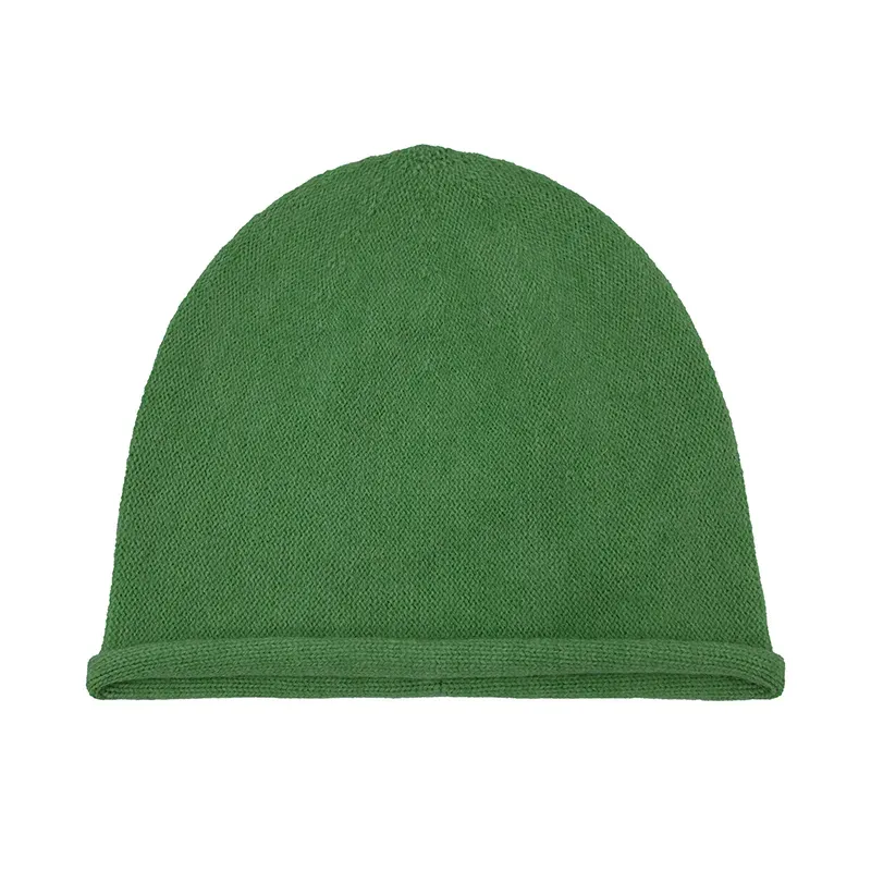 Custom Rolled Brim Beanie: Plain Knit Winter Hat Green