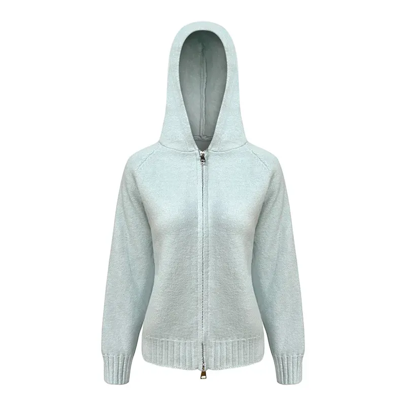 Custom Fuzzy Knitted Hoodie: Wholesale Zip Up Cardigan Jacket Cyan