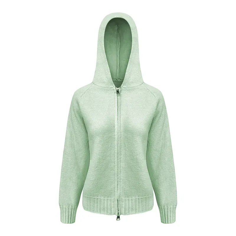 Custom Fuzzy Knitted Hoodie: Wholesale Zip Up Cardigan Jacket Green