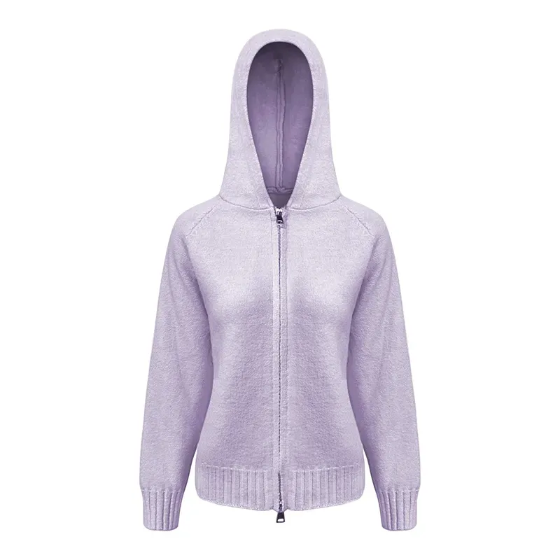 Custom Fuzzy Knitted Hoodie: Wholesale Zip Up Cardigan Jacket Purple