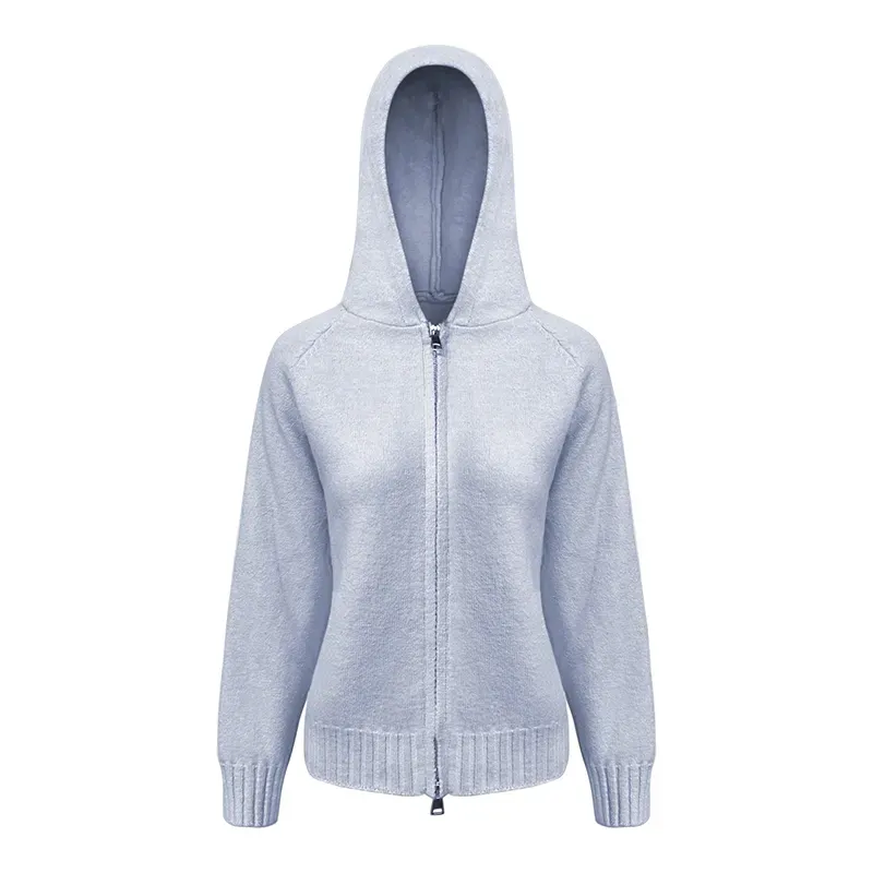 Custom Fuzzy Knitted Hoodie: Wholesale Zip Up Cardigan Jacket Blue