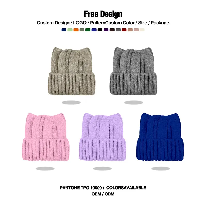 Custom Cat Ear Beanie: Wholesale Cable-Knit Winter Hat All Colors